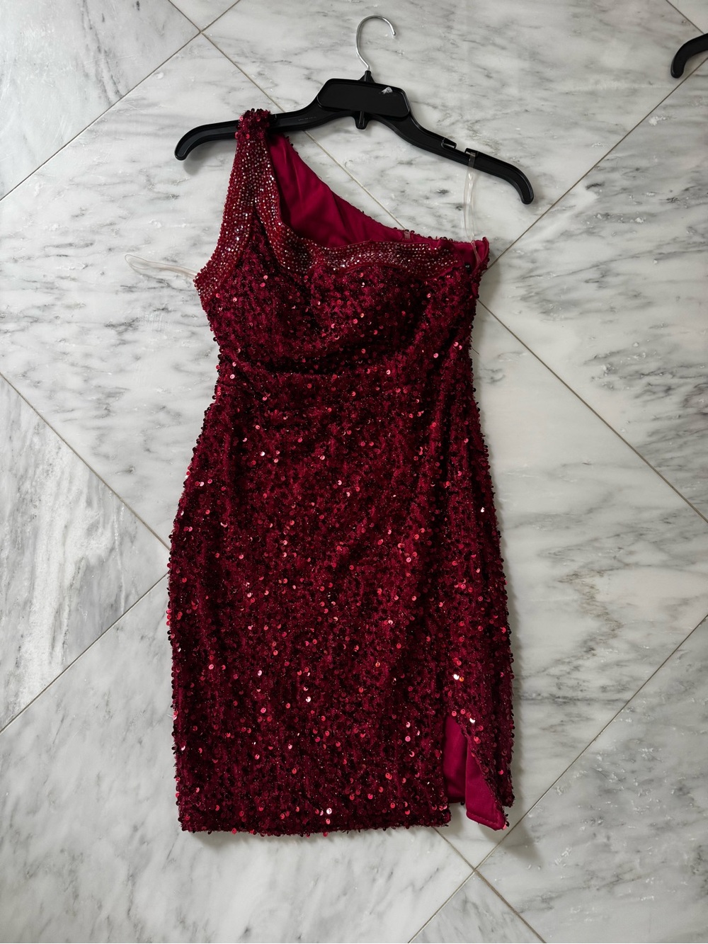 One-Shoulder Burgundy Sequin Cocktail Dress